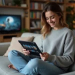 Jeune femme souriante regardant une tablette dans un salon cosy