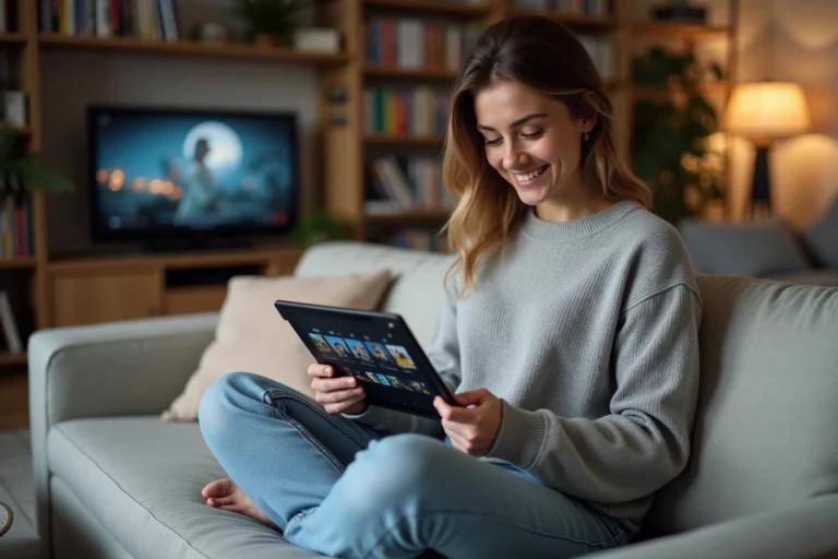 Jeune femme souriante regardant une tablette dans un salon cosy