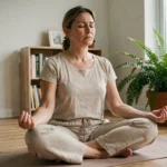 Femme pratiquant la sophrologie en position assise à domicile, illustrant les précautions à prendre avant de commencer