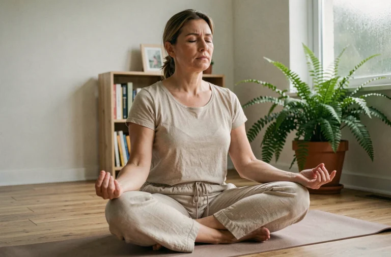 Femme pratiquant la sophrologie en position assise à domicile, illustrant les précautions à prendre avant de commencer