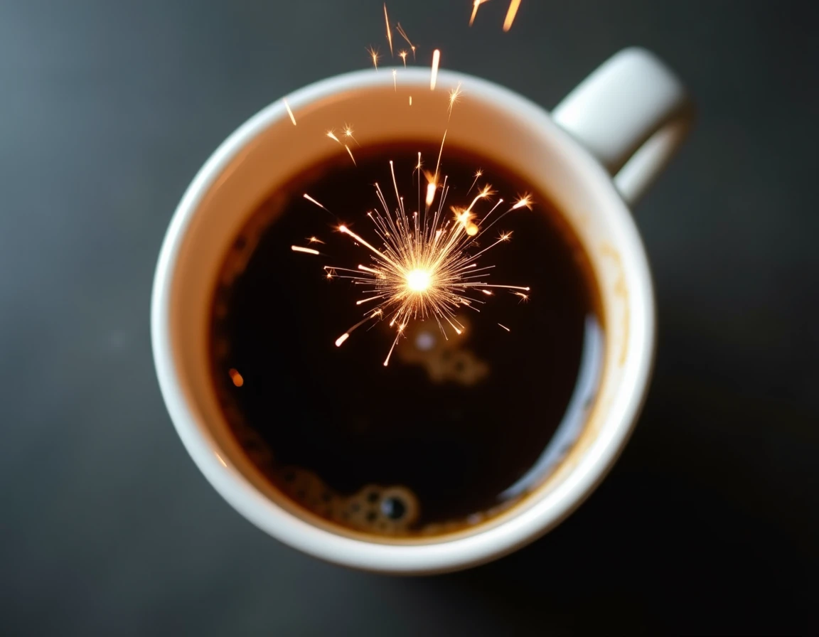 Un feu d'artifice miniature en train d'exploser depuis une tasse de café remplie d'espresso
