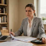 Mère de famille étudiant les solutions de financement pour la scolarité en école privée à son bureau à domicile