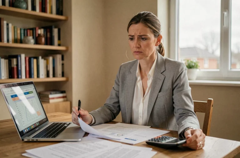 Mère de famille étudiant les solutions de financement pour la scolarité en école privée à son bureau à domicile