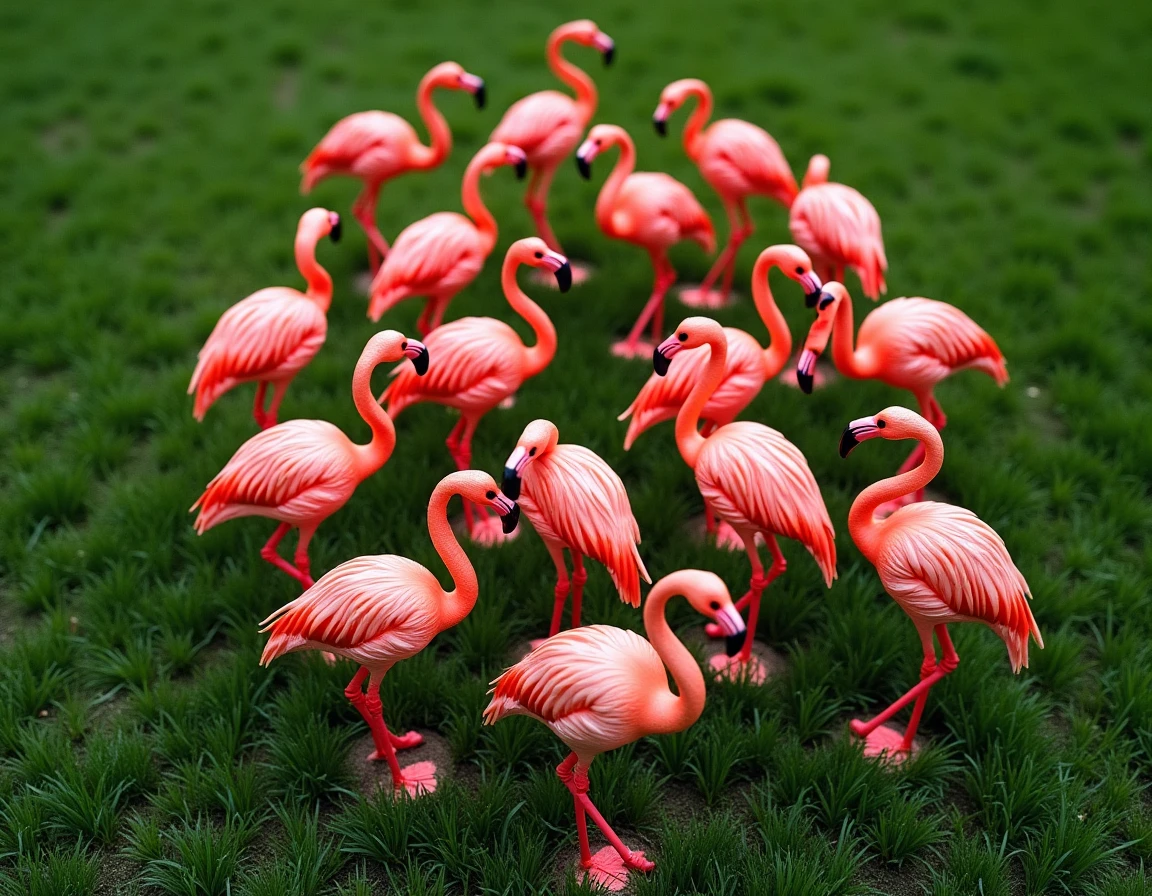 Des flamants roses disposés en formation pour former un chiffre d'anniversaire sur une surface verte