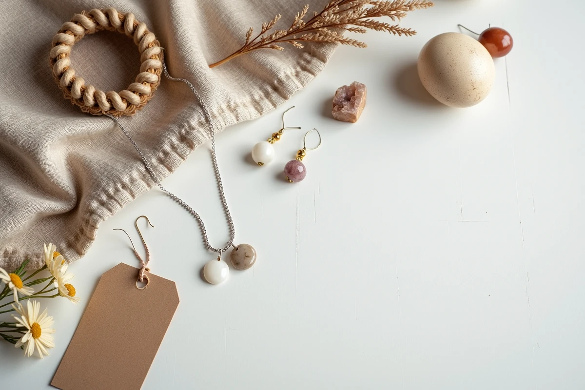 Flat lay de bijoux artisanaux faits main en argent et pierres naturelles sur fond de lin