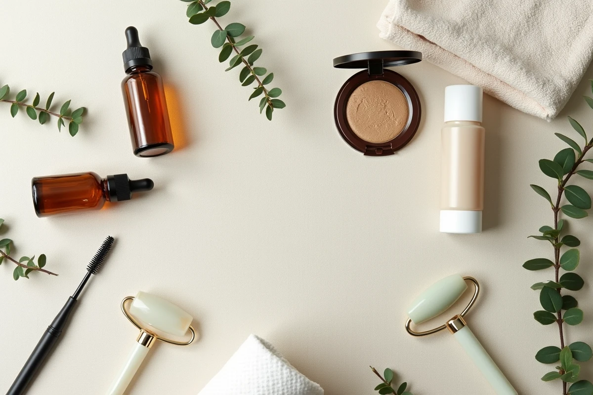 Flat lay de produits de maquillage et soins haut de gamme sur un tissu lin texturé avec accessoires naturels