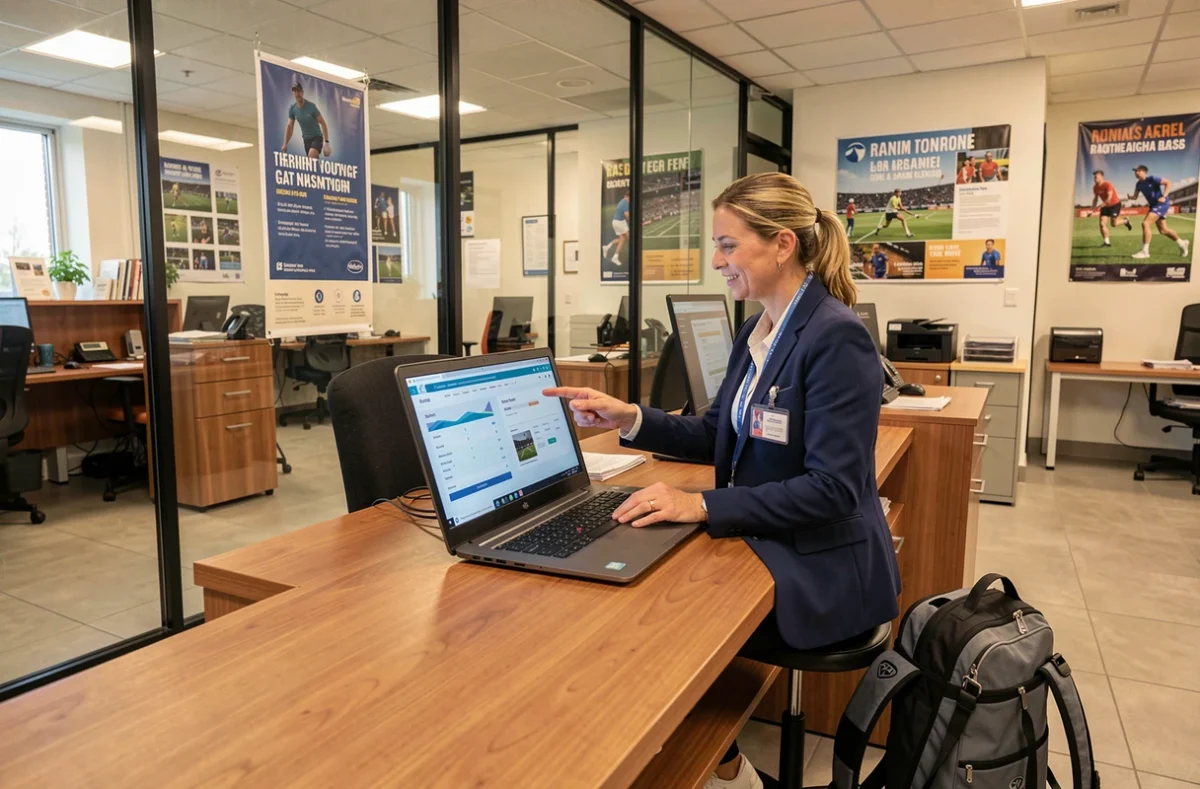 Responsable administrative de Roland Garros expliquant les frais d'inscription à un joueur de tennis dans les bureaux du tournoi