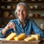 Femme dégustant du fromage dans une cuisine rustique