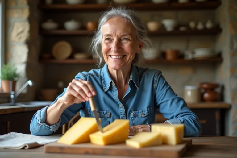 Femme dégustant du fromage dans une cuisine rustique