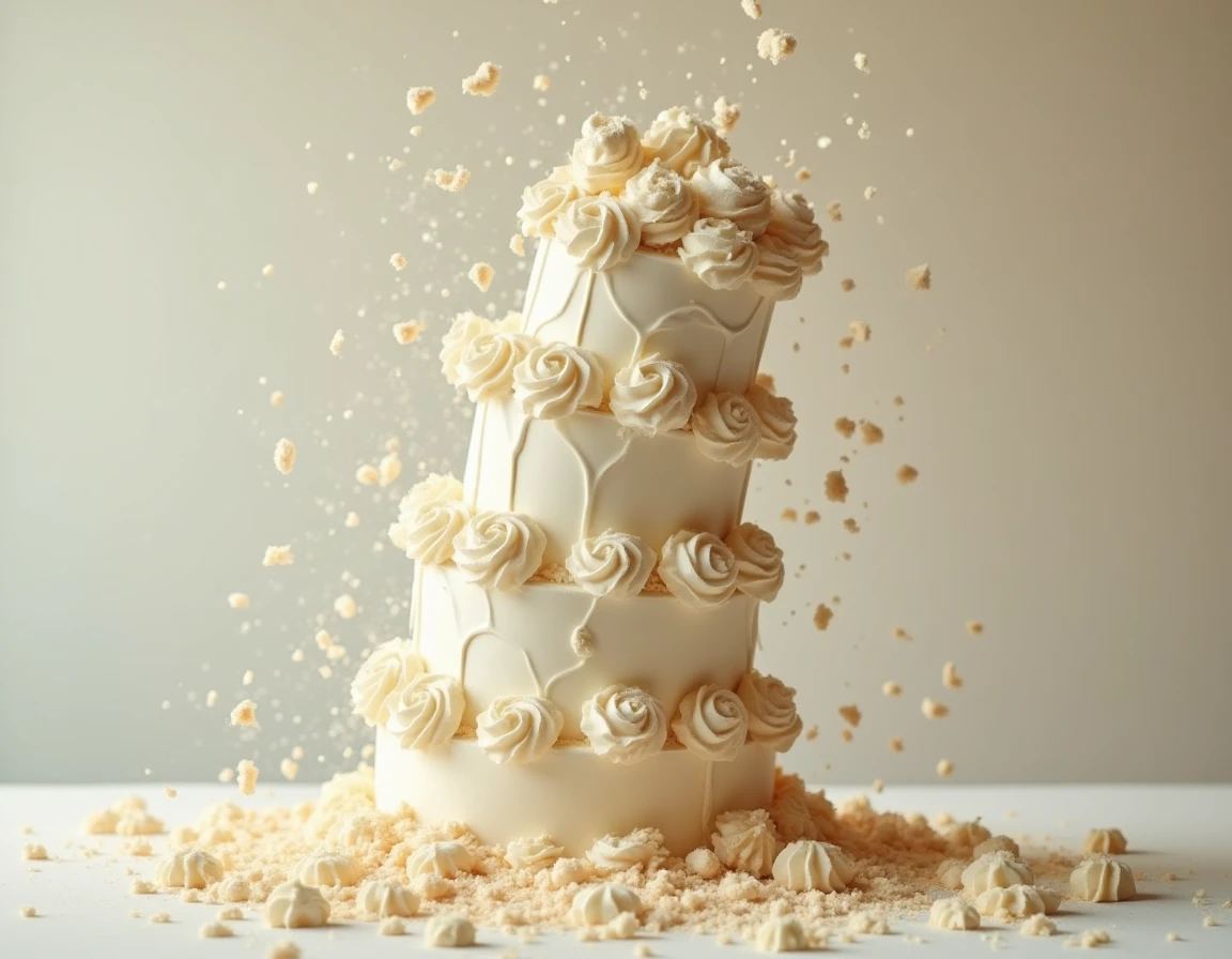 Un gâteau d'anniversaire à plusieurs étages en train de s'effondrer dramatiquement au ralenti inversé