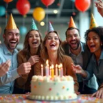 Scène d'anniversaire humoristique au bureau avec des collègues qui fêtent autour d'un gâteau décoré