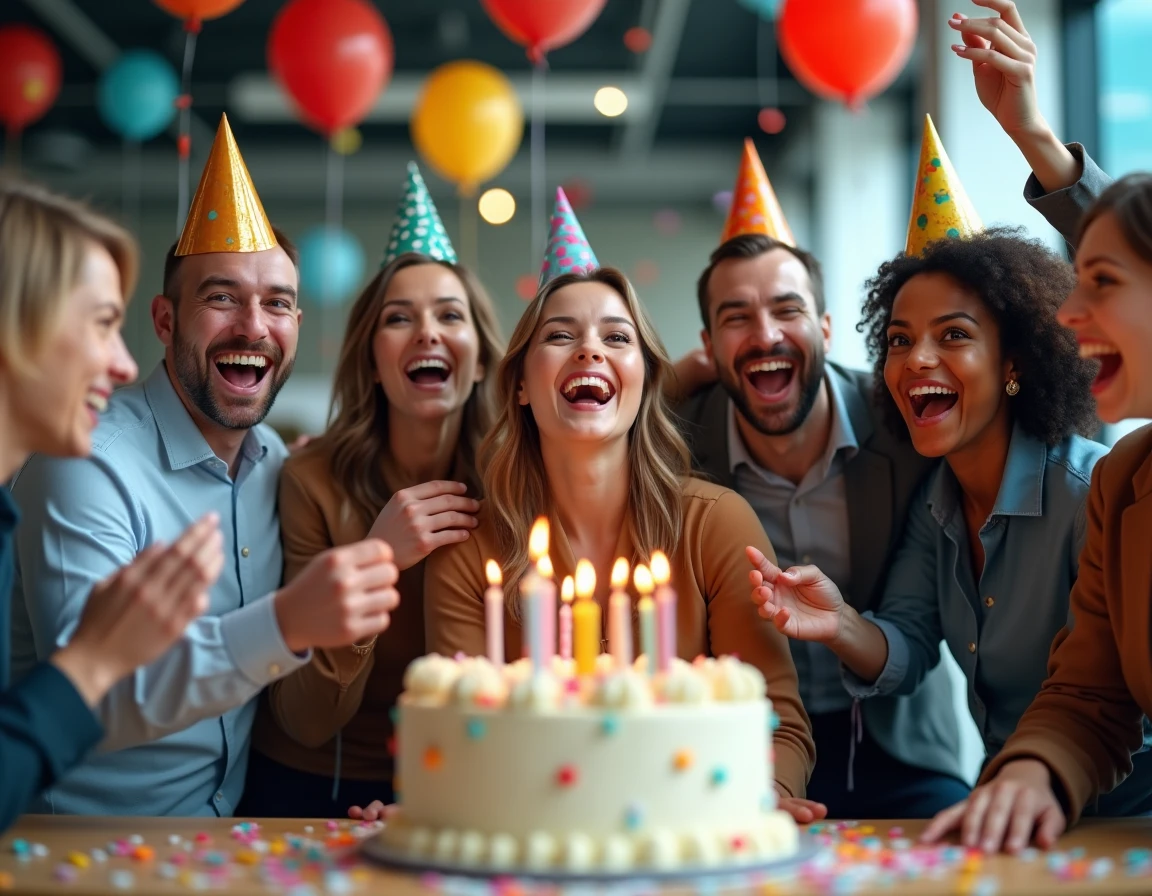 Scène d'anniversaire humoristique au bureau avec des collègues qui fêtent autour d'un gâteau décoré