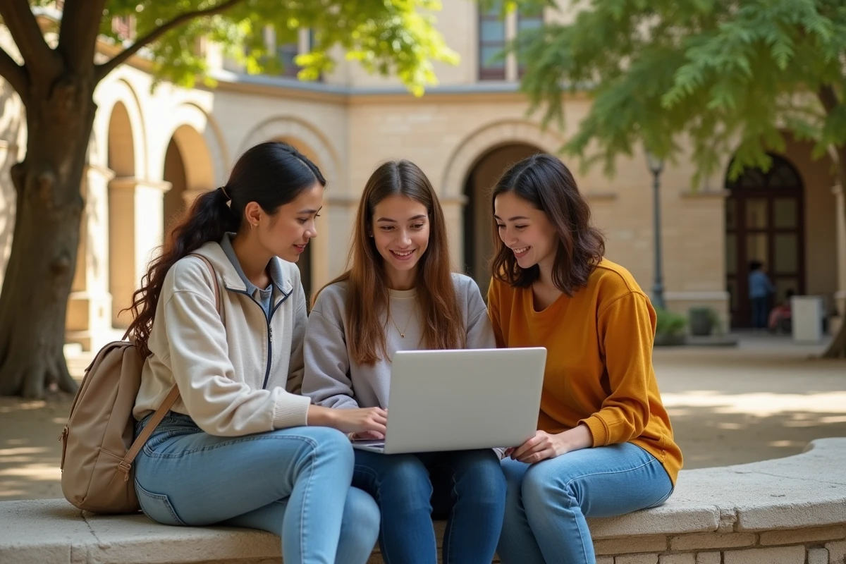 Groupe d'étudiants consultant le portail ecandidat pour leur candidature à l'université d'Avignon en plein air sur le campus