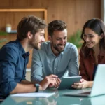 Groupe de jeunes professionnels discutant autour d'une tablette dans un bureau moderne