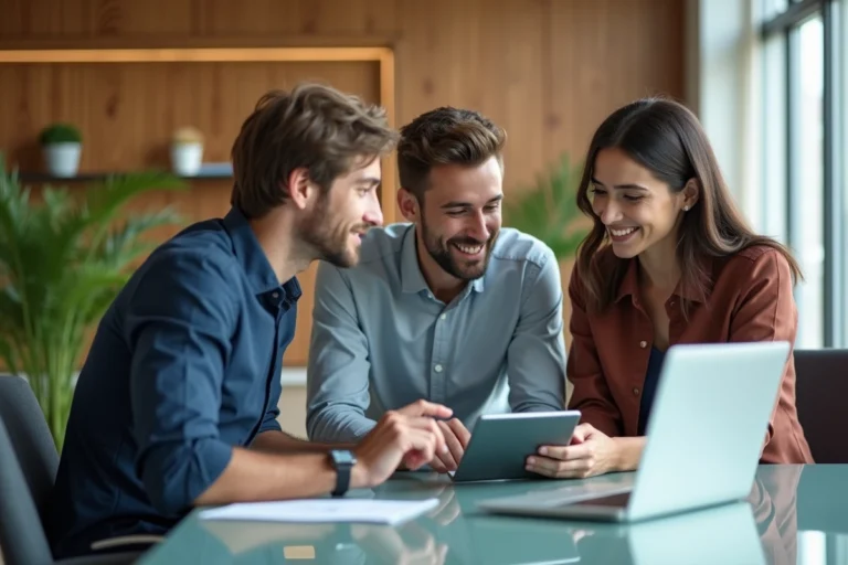 Groupe de jeunes professionnels discutant autour d'une tablette dans un bureau moderne