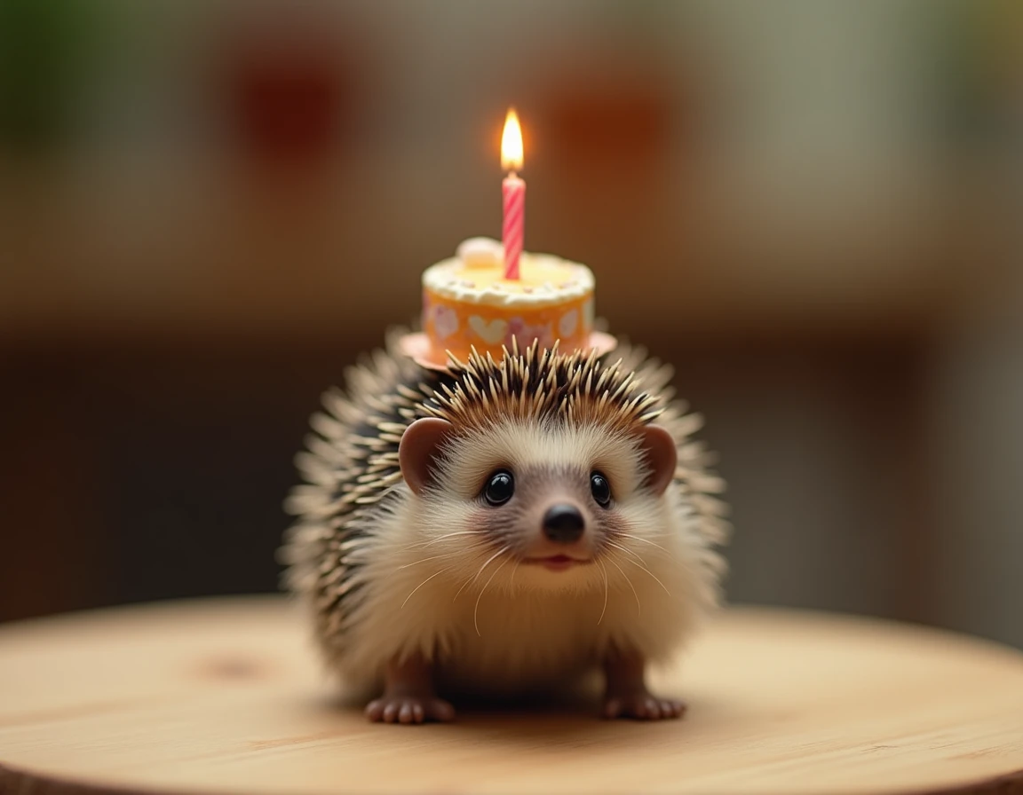 Un hérisson réaliste qui porte délicatement un minuscule gâteau d'anniversaire sur son dos piquant