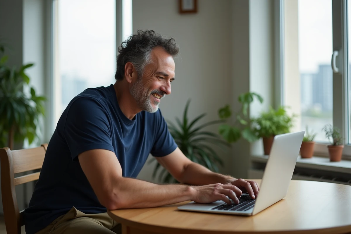 Homme d age moyen regardant un ordinateur dans un appartement lumineux