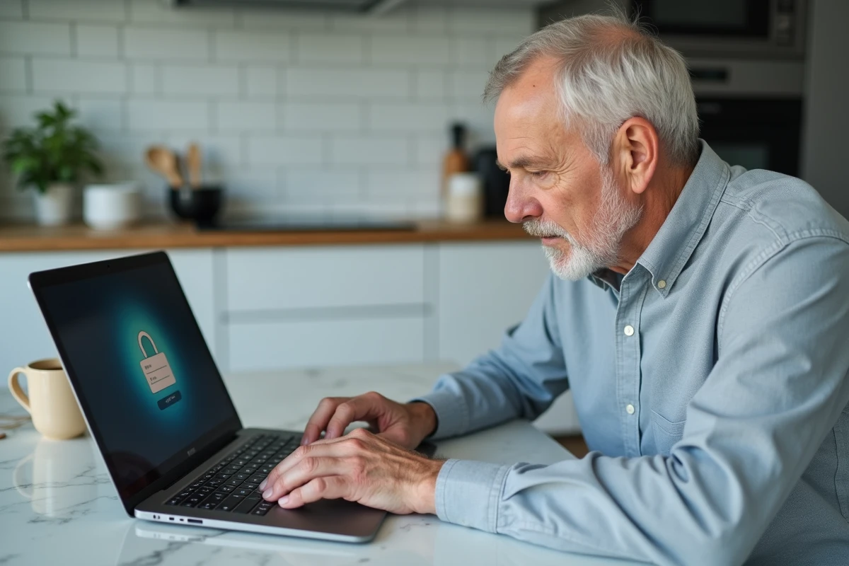 Homme senior se connectant à sa messagerie Wanadoo sur un ordinateur portable dans une cuisine moderne