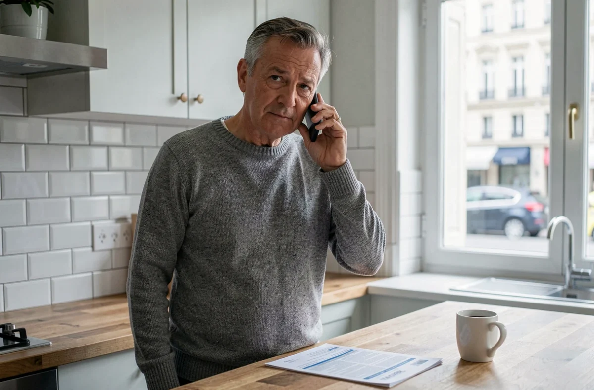 Homme dans une cuisine téléphonant au service des impôts avec des documents fiscaux