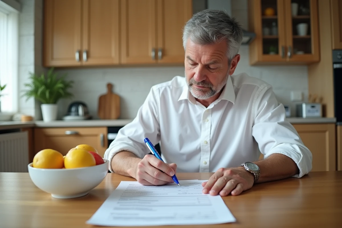 Homme remplissant un formulaire dans une cuisine lumineuse