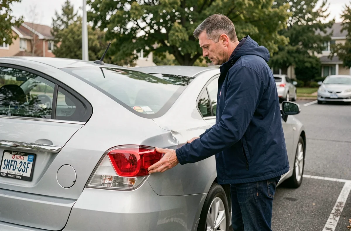 Homme inspectant les dégâts sur sa voiture après un sinistre couvert par l'assurance tous risques