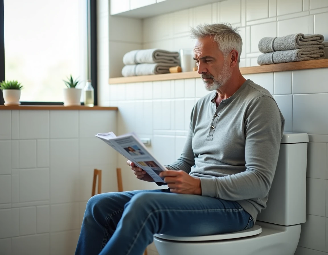 Homme d'âge mûr lisant une brochure sur la santé prostatique dans une salle de bain moderne