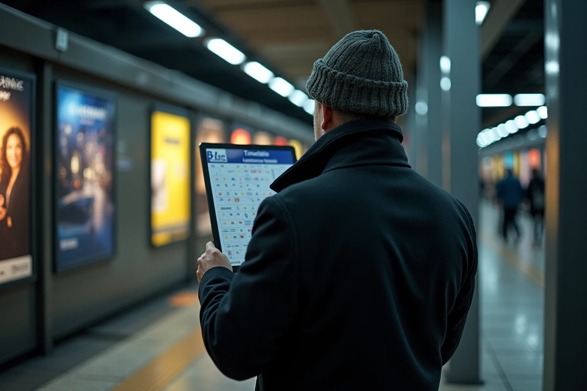 Homme lisant horaire tram dans station à Grenoble