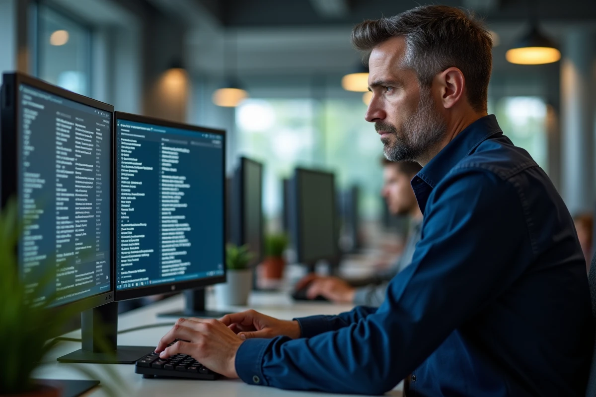 Homme mettant à jour ses liens enregistrés sur un ordinateur de bureau dans un open space professionnel