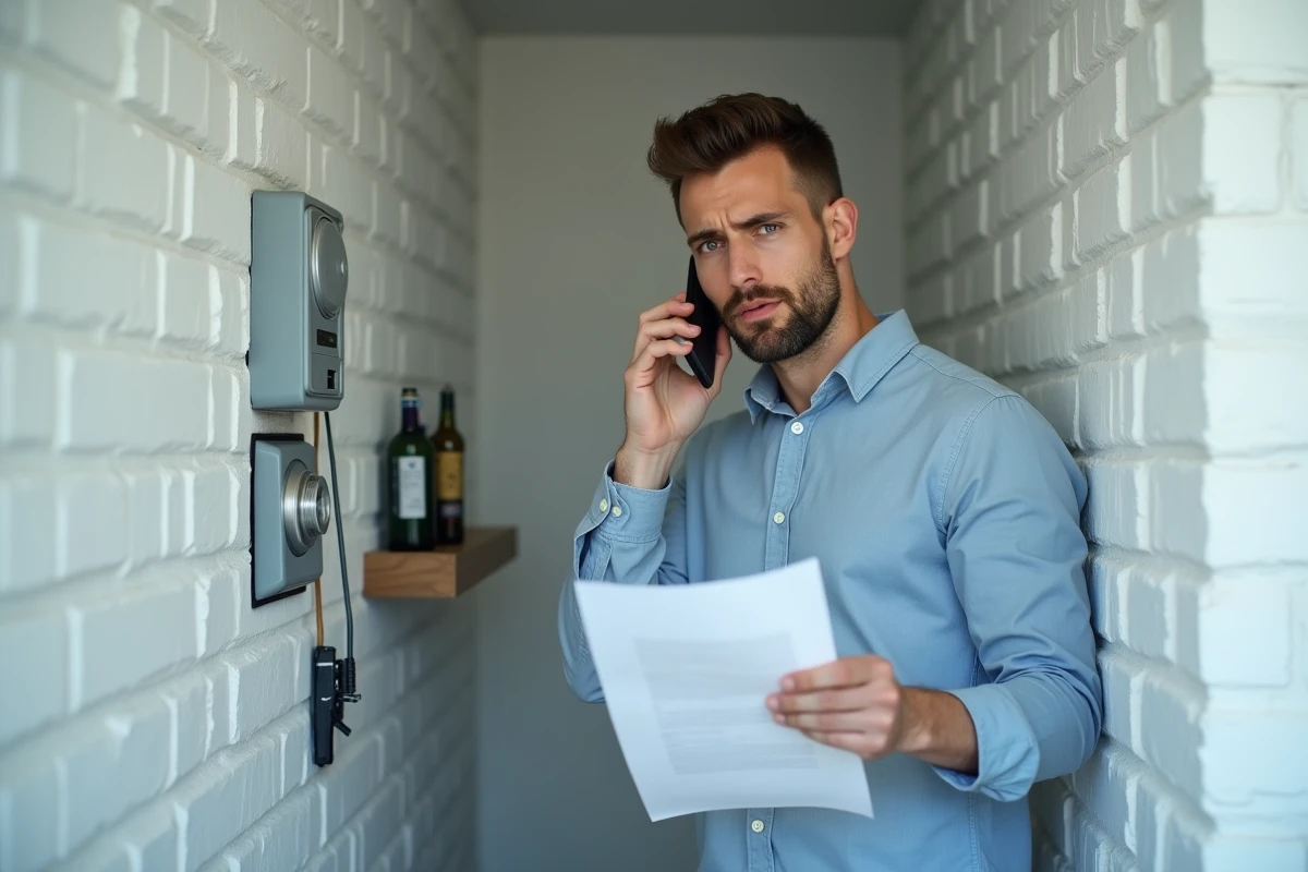 Homme téléphonant au service client EDF devant un compteur électrique pour contester une résiliation
