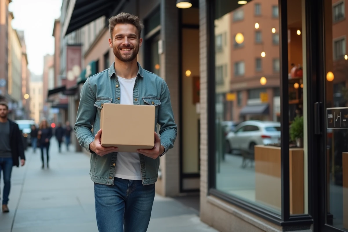 Jeune entrepreneur souriant devant sa boutique