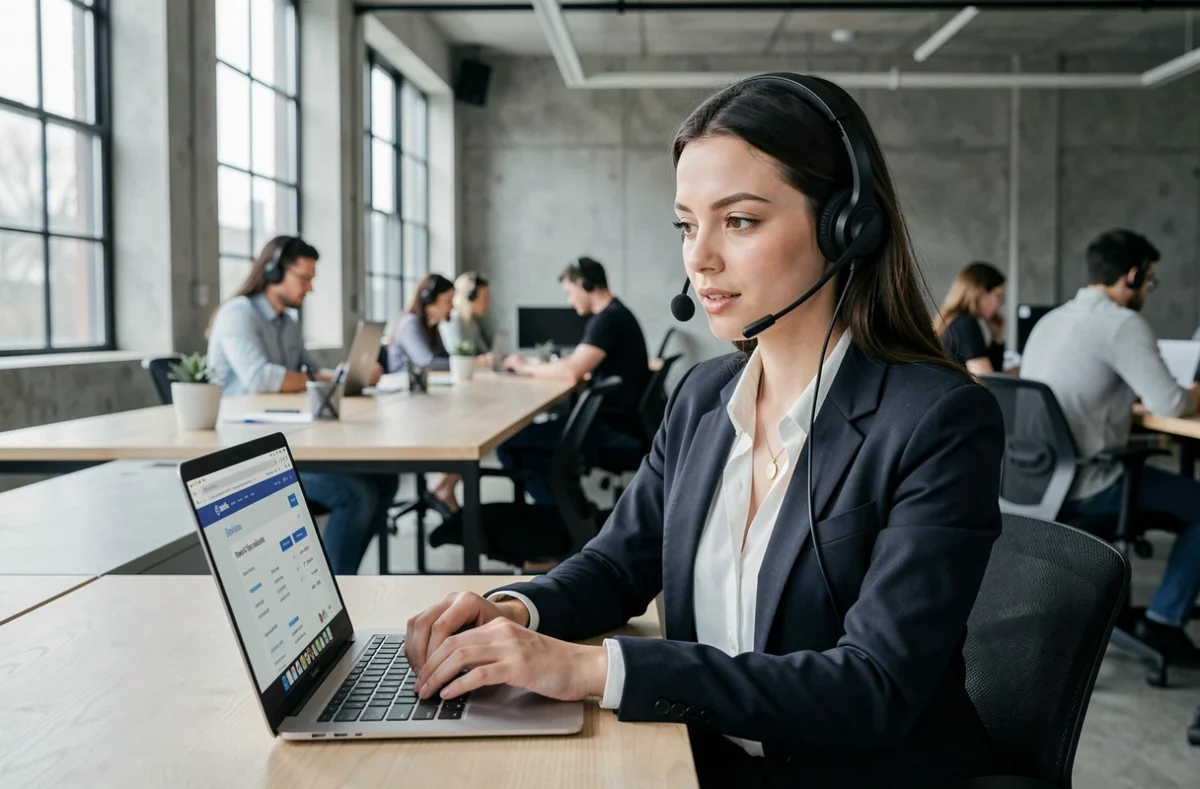 Jeune femme en espace de coworking contactant les impôts par téléphone sur ordinateur