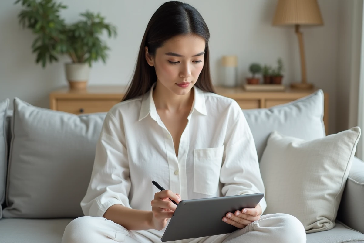 Jeune femme gérant et optimisant ses favoris enregistrés sur une tablette dans un salon moderne