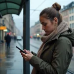 Jeune femme vérifiant horaires tram à Grenoble