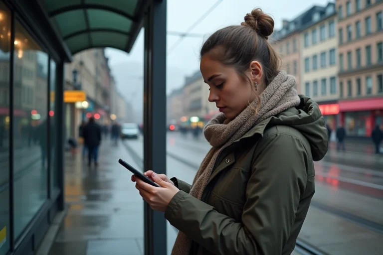 Jeune femme vérifiant horaires tram à Grenoble
