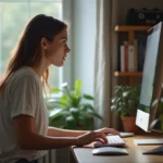 Jeune femme concentrée devant son ordinateur dans un appartement moderne