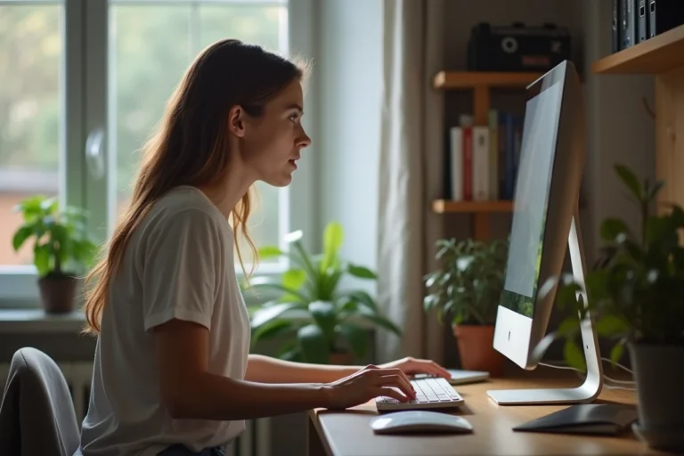 Jeune femme concentrée devant son ordinateur dans un appartement moderne