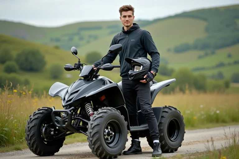 Jeune homme avec casque et quad en campagne