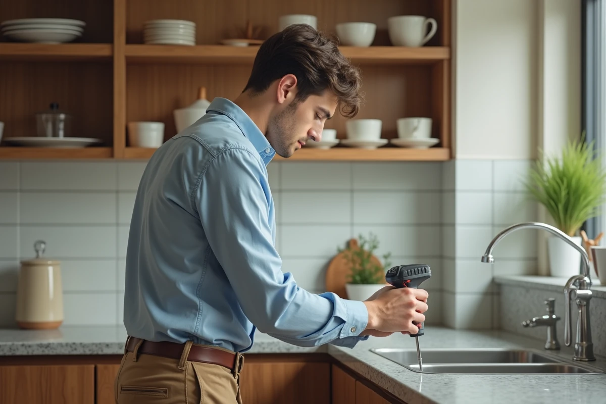 Jeune homme fixant une étagère de cuisine moderne