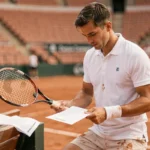Joueur de tennis professionnel consultant les documents d'inscription à Roland Garros sur un court en terre battue