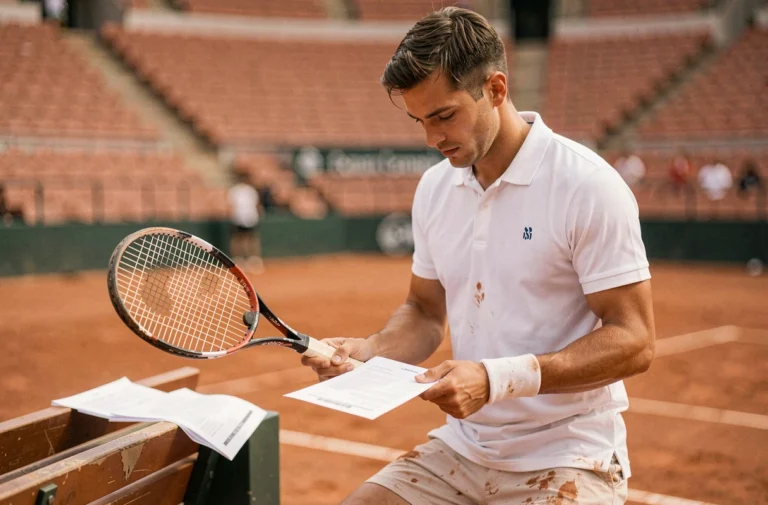 Joueur de tennis professionnel consultant les documents d'inscription à Roland Garros sur un court en terre battue