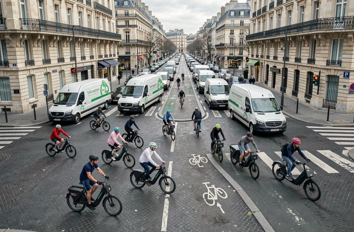 Vue urbaine d'un carrefour parisien avec des vélos cargo électriques et camionnettes de livraison écologique, symbole des nouvelles tendances logistiques du transport en France