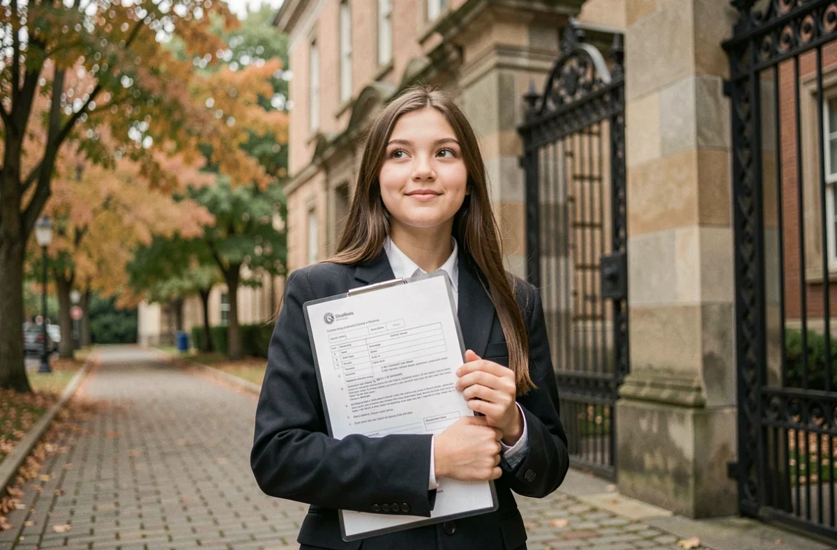 Jeune lycéenne en uniforme devant l'entrée d'une école privée tenant ses dossiers d'inscription et de financement