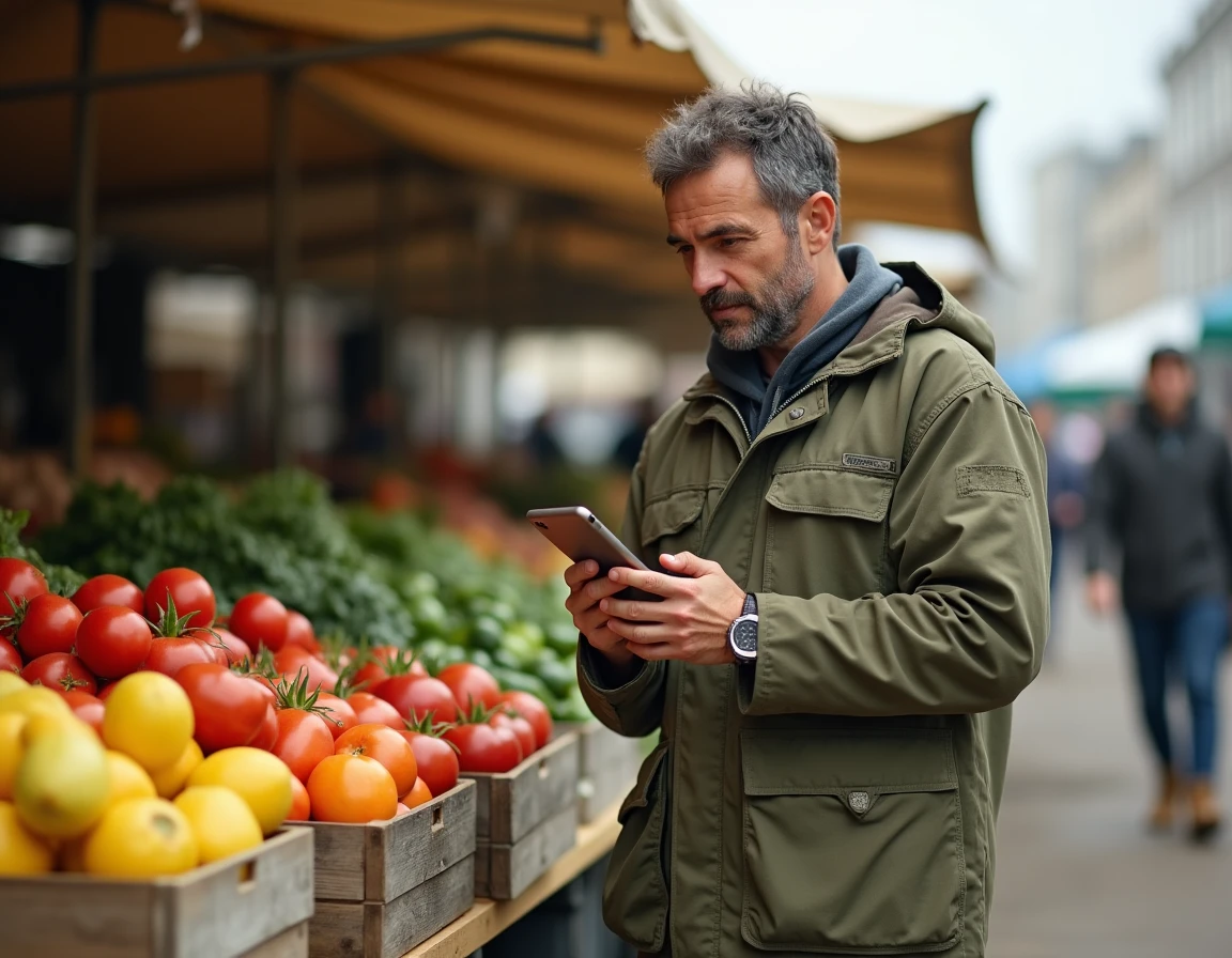 Maraîcher micro-entrepreneur consultant son téléphone sur le régime social MSA lors d'un marché agricole
