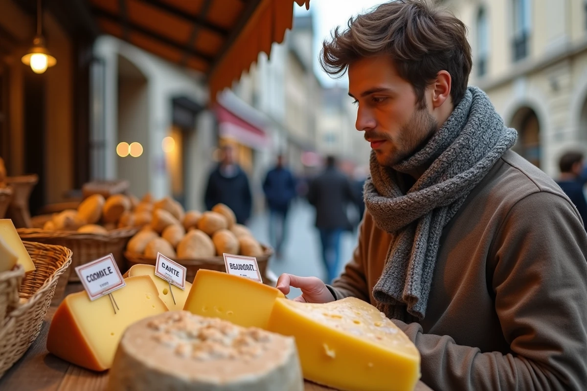 Jeune homme examinant des fromages au marché en plein air