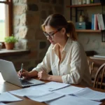Agricultrice en micro-entreprise consultant des documents administratifs MSA et URSSAF dans un bureau de ferme rustique