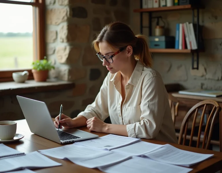 Agricultrice en micro-entreprise consultant des documents administratifs MSA et URSSAF dans un bureau de ferme rustique