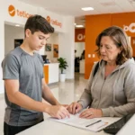 Adolescent accompagné de sa mère s'inscrivant dans une salle de sport Basic Fit à l'accueil