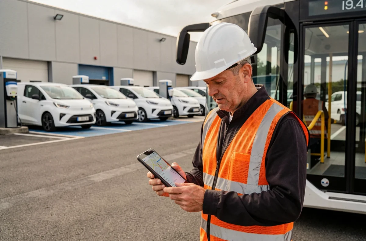 Ingénieur examinant des données sur tablette devant une flotte de navettes électriques autonomes dans un dépôt de transport urbain en France
