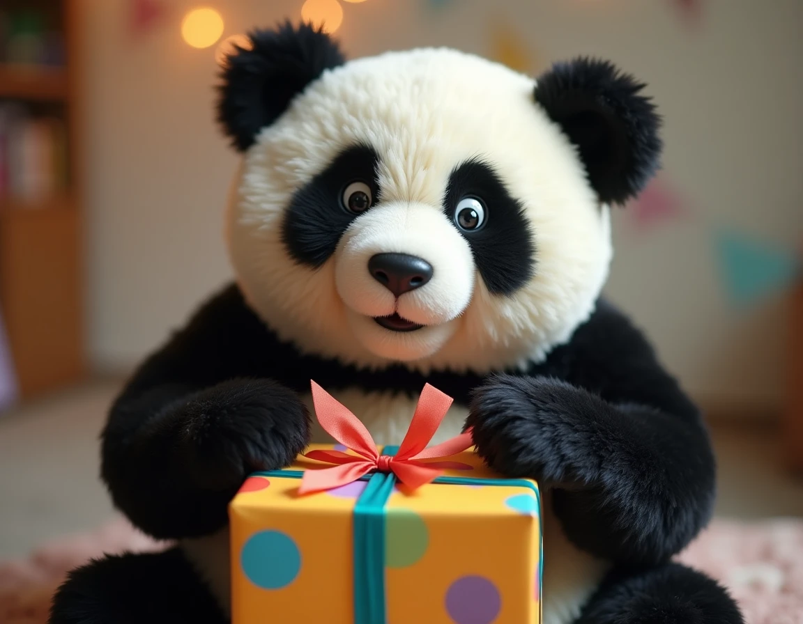 Un panda géant en peluche réaliste qui déchire frénétiquement un emballage cadeau coloré