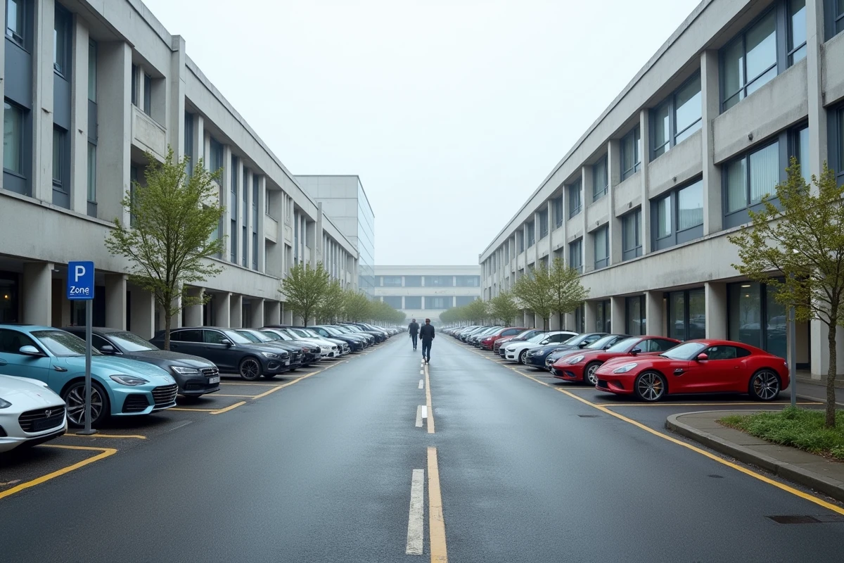 Vue large d'un parking gratuit en zone bleue à Rennes avec des voitures garées en rangées ordonnées